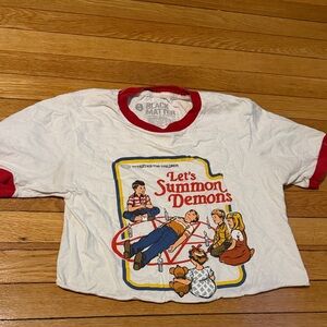 Black Matter White Ringer Tee with Red Trim and Colorful Graphic crop